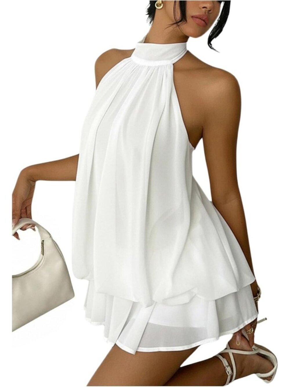 Women's Chiffon Halter Drop Waist Guest Dress White Ruffle Summer Mini Dress